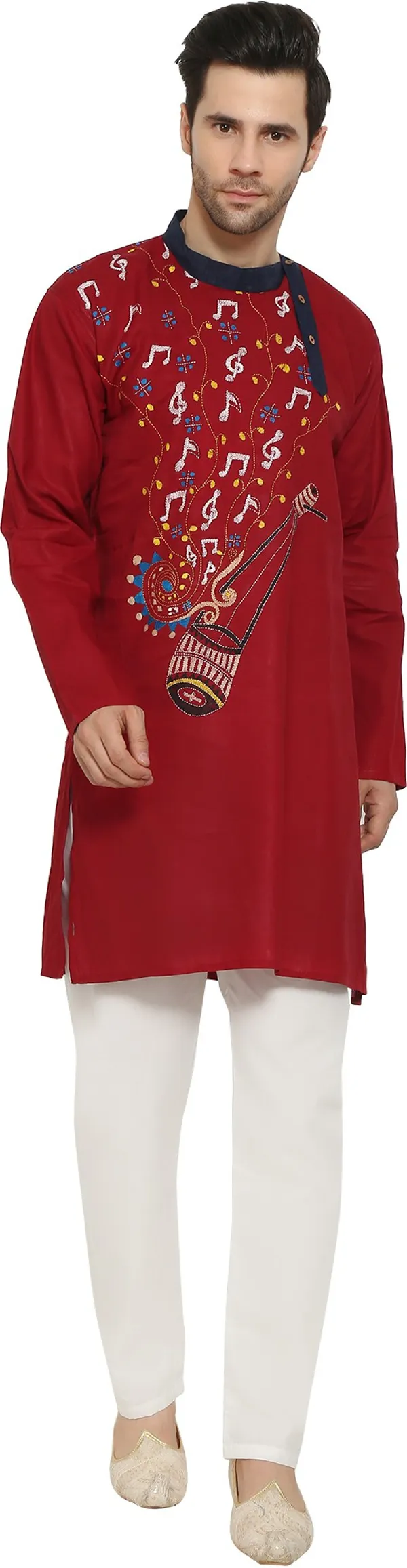 Maroon_&_White_Cotton_Blend_Round_Neck_Embroidered_Kurta_&_Pyjama_Set_For_Men