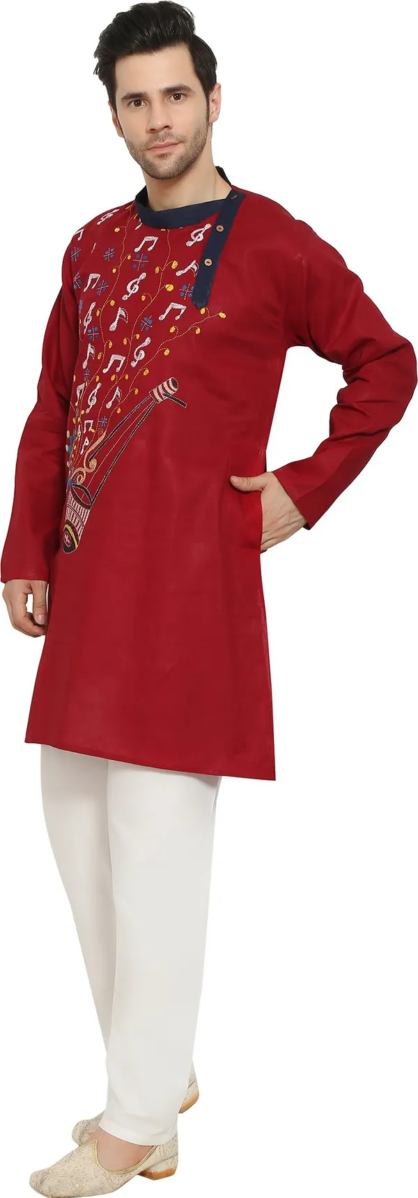 Maroon_&_White_Cotton_Blend_Round_Neck_Embroidered_Kurta_&_Pyjama_Set_For_Men