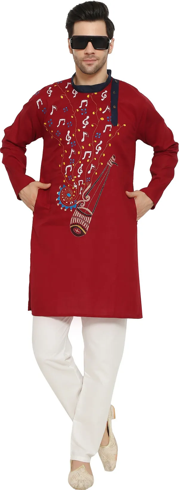 Maroon_&_White_Cotton_Blend_Round_Neck_Embroidered_Kurta_&_Pyjama_Set_For_Men