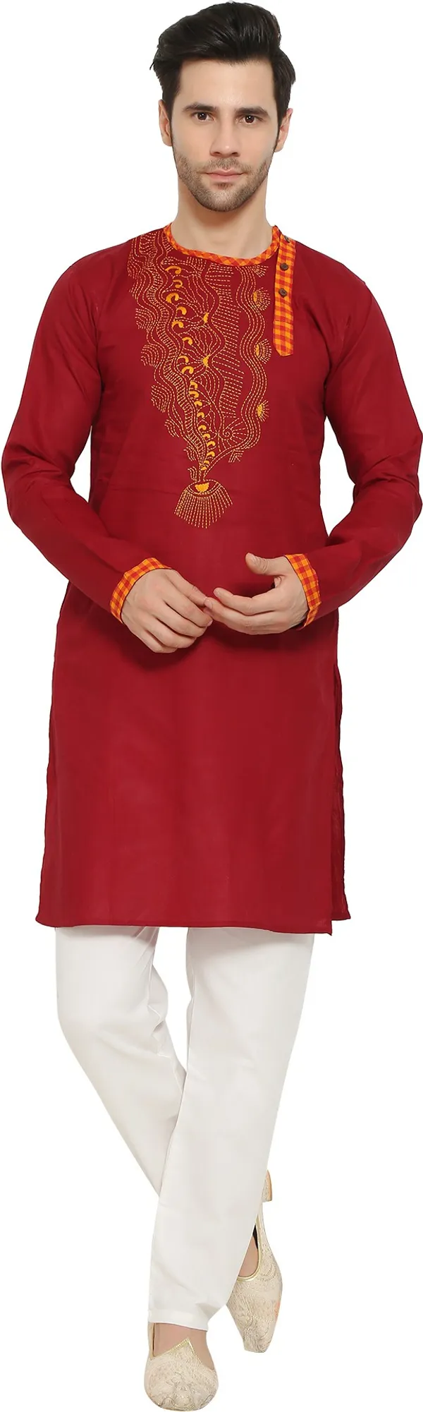 Red_&_White_Cotton_Blend_Round_Neck_Embroidered_Kurta_&_Pyjama_Set_For_Men