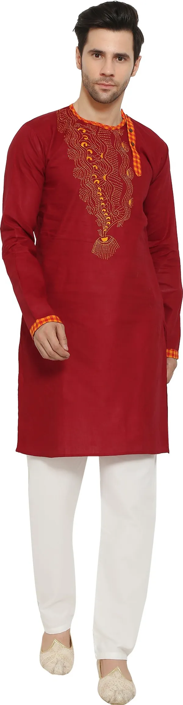 Red_&_White_Cotton_Blend_Round_Neck_Embroidered_Kurta_&_Pyjama_Set_For_Men