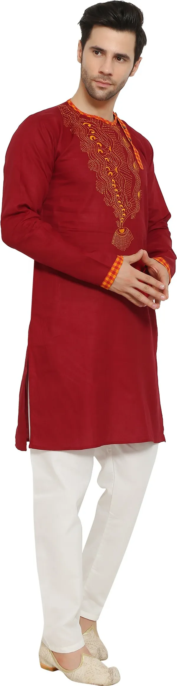 Red_&_White_Cotton_Blend_Round_Neck_Embroidered_Kurta_&_Pyjama_Set_For_Men