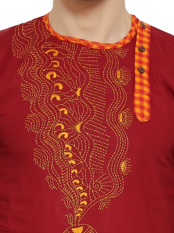 Red_&_White_Cotton_Blend_Round_Neck_Embroidered_Kurta_&_Pyjama_Set_For_Men