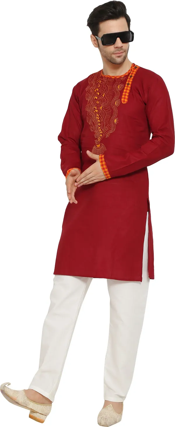 Red_&_White_Cotton_Blend_Round_Neck_Embroidered_Kurta_&_Pyjama_Set_For_Men