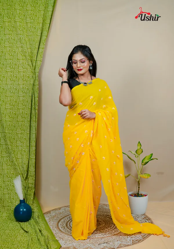 Mustered_Embroidery_Cotton_Saree