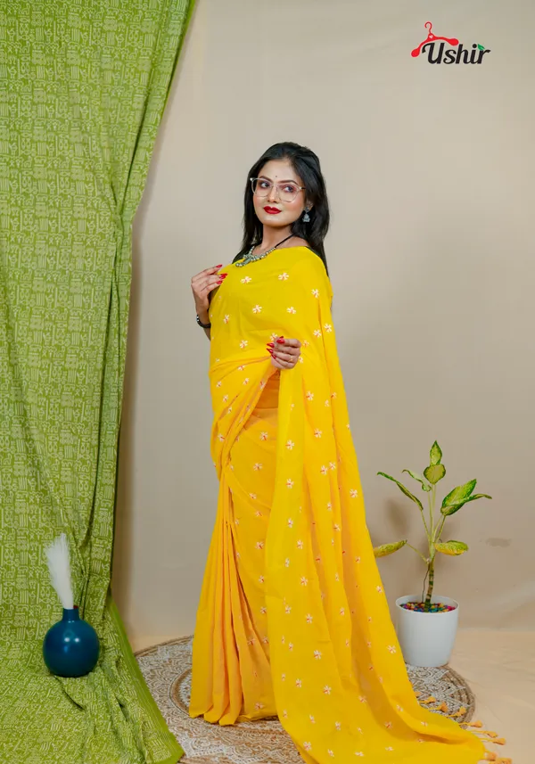 Mustered_Embroidery_Cotton_Saree