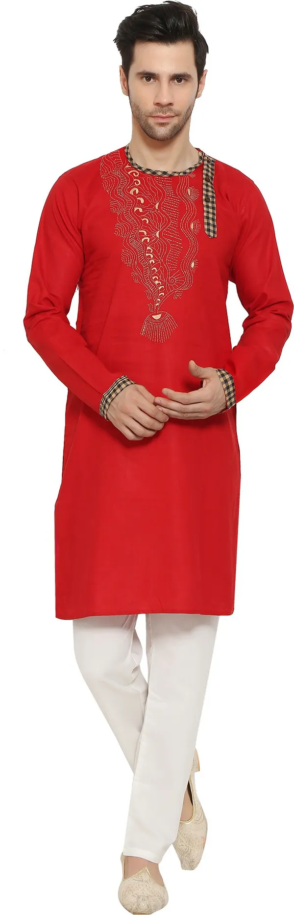 Red_&_White_Cotton_Blend_Round_Neck_Embroidered_Kurta_&_Pyjama_Set_For_Men