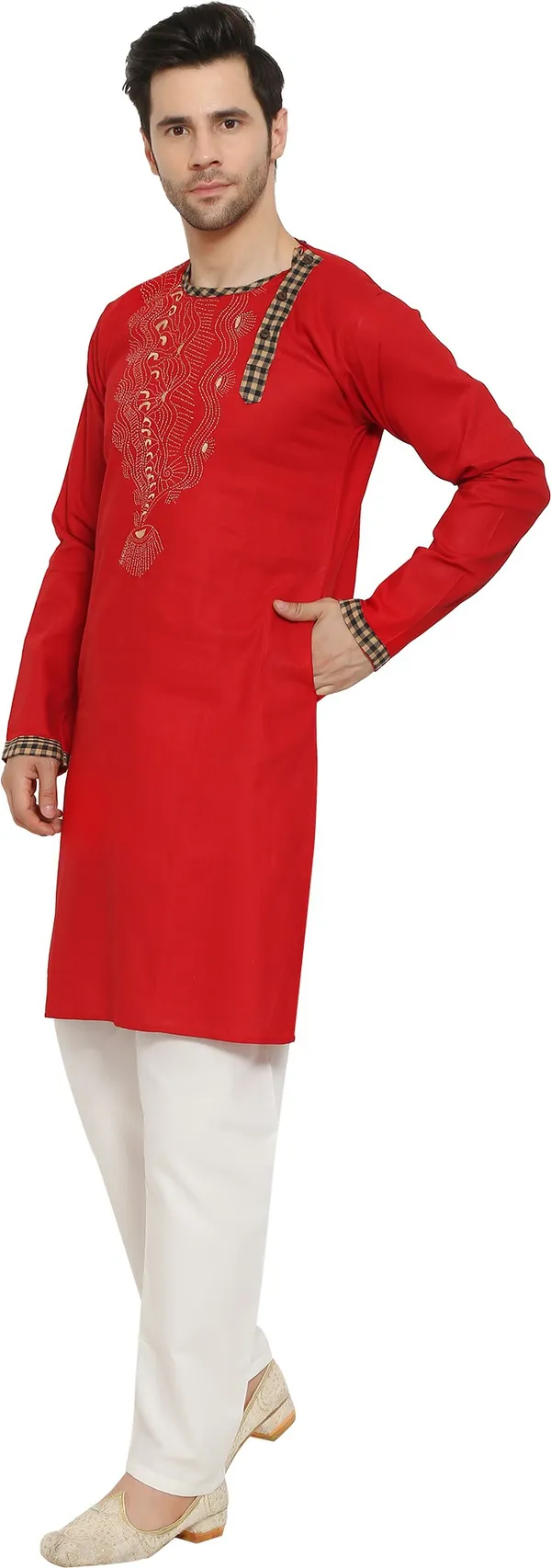 Red_&_White_Cotton_Blend_Round_Neck_Embroidered_Kurta_&_Pyjama_Set_For_Men
