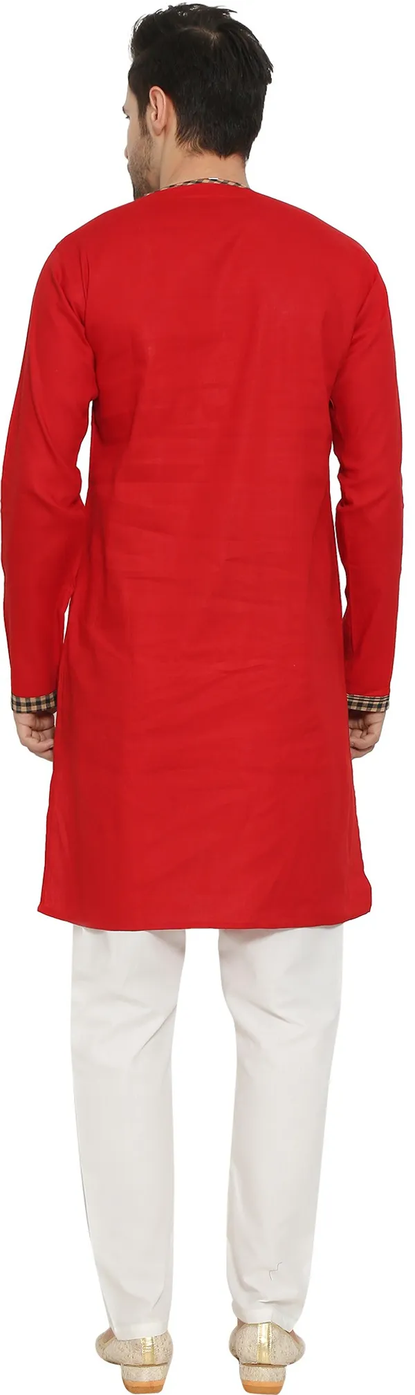 Red_&_White_Cotton_Blend_Round_Neck_Embroidered_Kurta_&_Pyjama_Set_For_Men