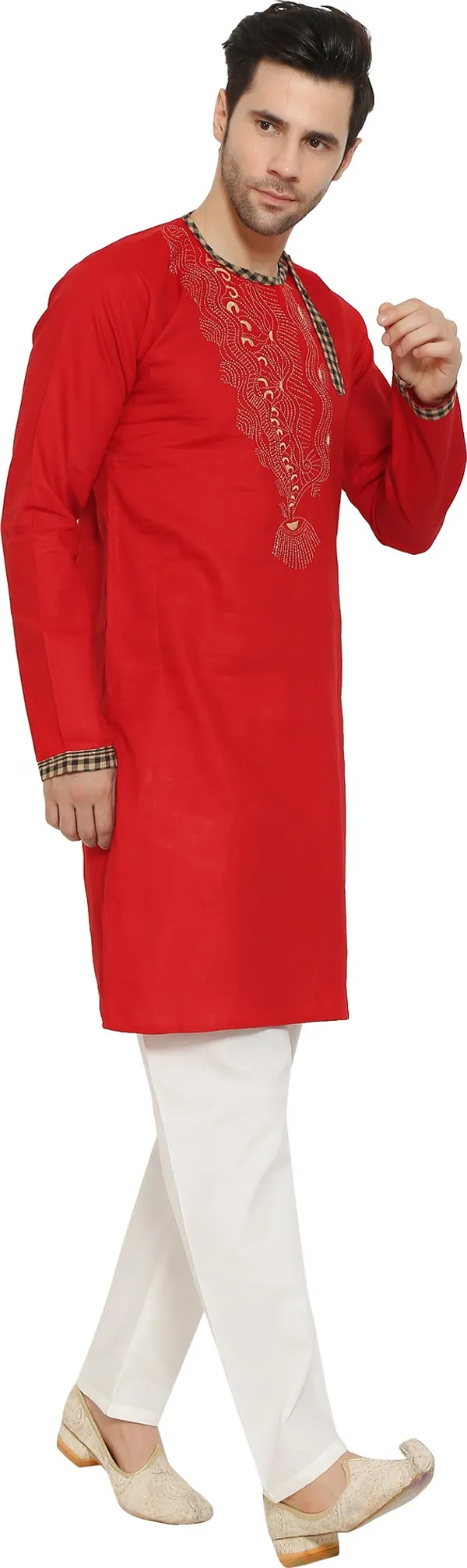 Red_&_White_Cotton_Blend_Round_Neck_Embroidered_Kurta_&_Pyjama_Set_For_Men
