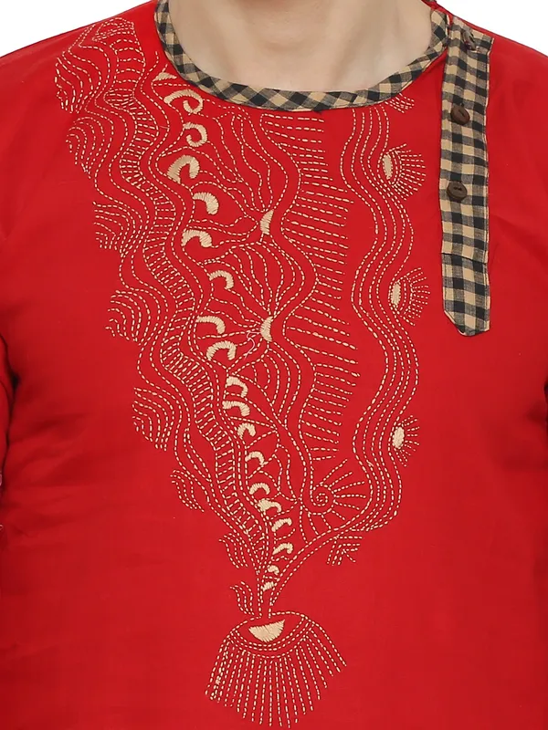 Red_&_White_Cotton_Blend_Round_Neck_Embroidered_Kurta_&_Pyjama_Set_For_Men