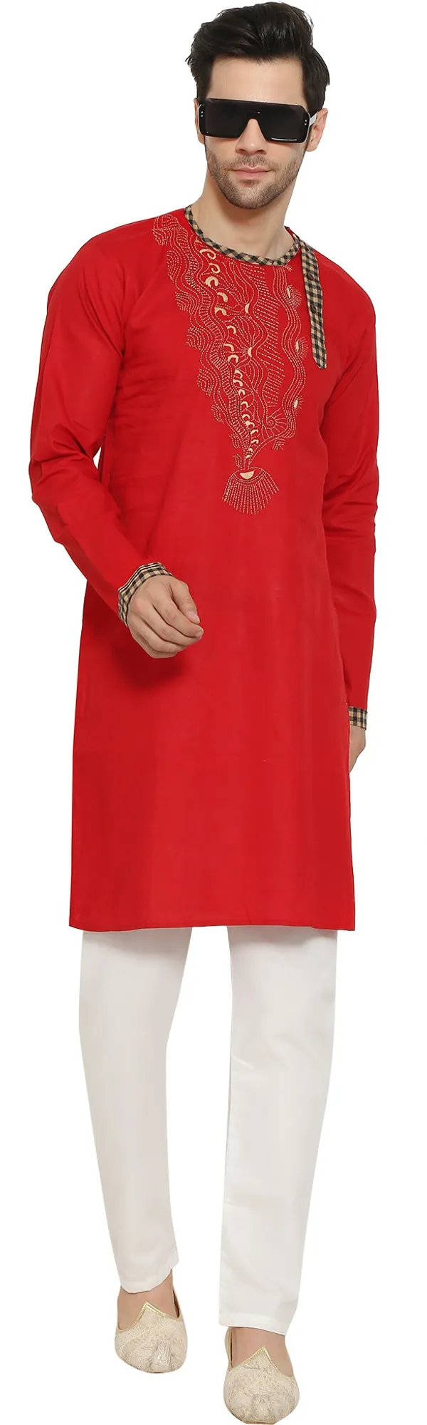 Red_&_White_Cotton_Blend_Round_Neck_Embroidered_Kurta_&_Pyjama_Set_For_Men