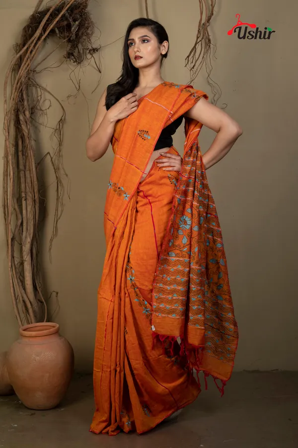RUST_Cotton_Kanthastitch_HAND_WORK_Saree