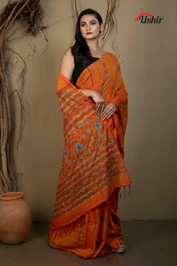 RUST_Cotton_Kanthastitch_HAND_WORK_Saree