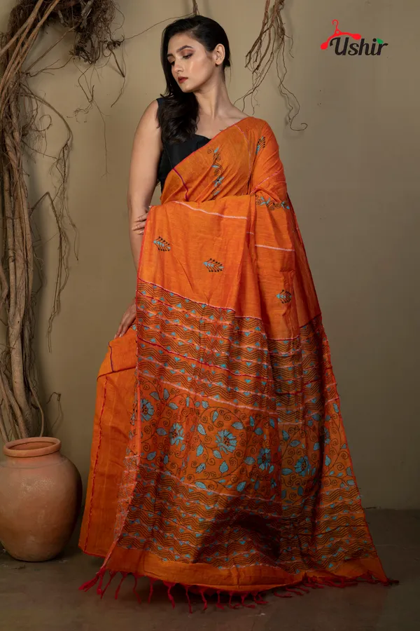 RUST_Cotton_Kanthastitch_HAND_WORK_Saree