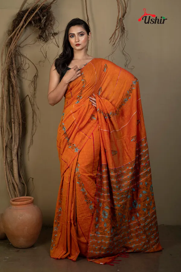 RUST_Cotton_Kanthastitch_HAND_WORK_Saree