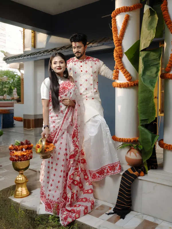 Red_&_White_Saree_And_Kurta_With_Dhoti__Combo_Set