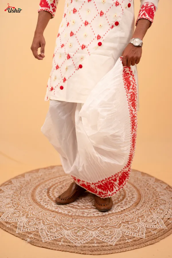 Red_&_White_Saree_And_Kurta_With_Dhoti__Combo_Set