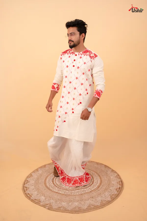 Red_&_White_Saree_And_Kurta_With_Dhoti__Combo_Set