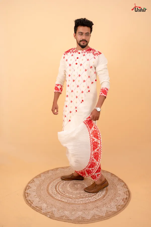 Red_&_White_Saree_And_Kurta_With_Dhoti__Combo_Set