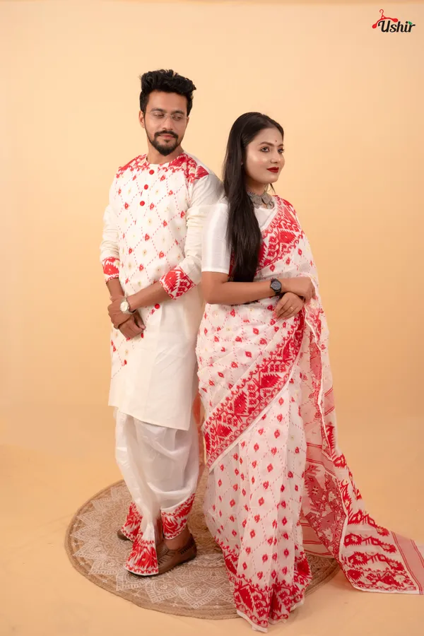 Red_&_White_Saree_And_Kurta_With_Dhoti__Combo_Set