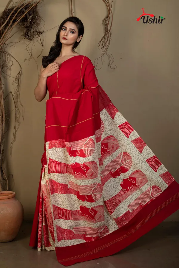 Reddish_Cotton_Printed_Saree
