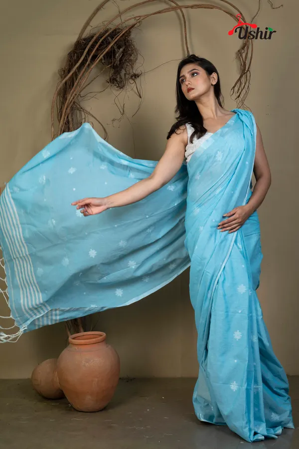 Sky__Self_Design_Cotton_Handloom_Jhilmil_Saree