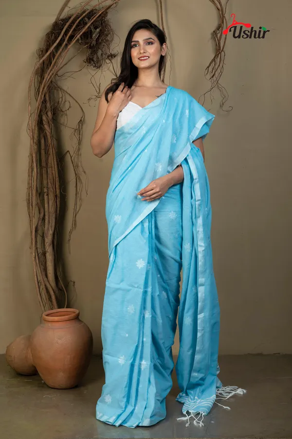 Sky__Self_Design_Cotton_Handloom_Jhilmil_Saree