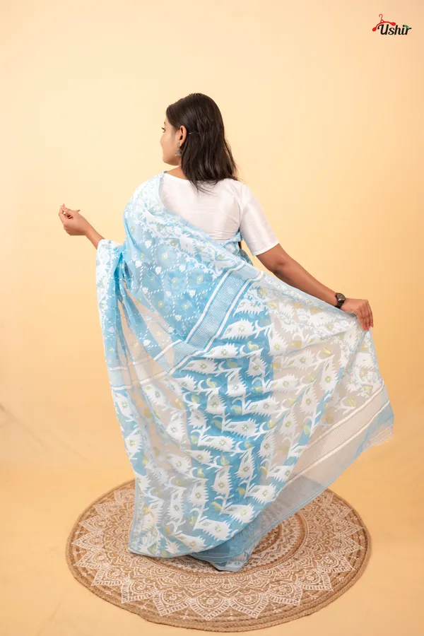 Sky_Blue_Saree_And_Kurta_With_Dhoti_Combo_Set