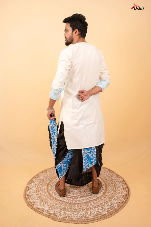 Sky_Blue_Saree_And_Kurta_With_Dhoti_Combo_Set