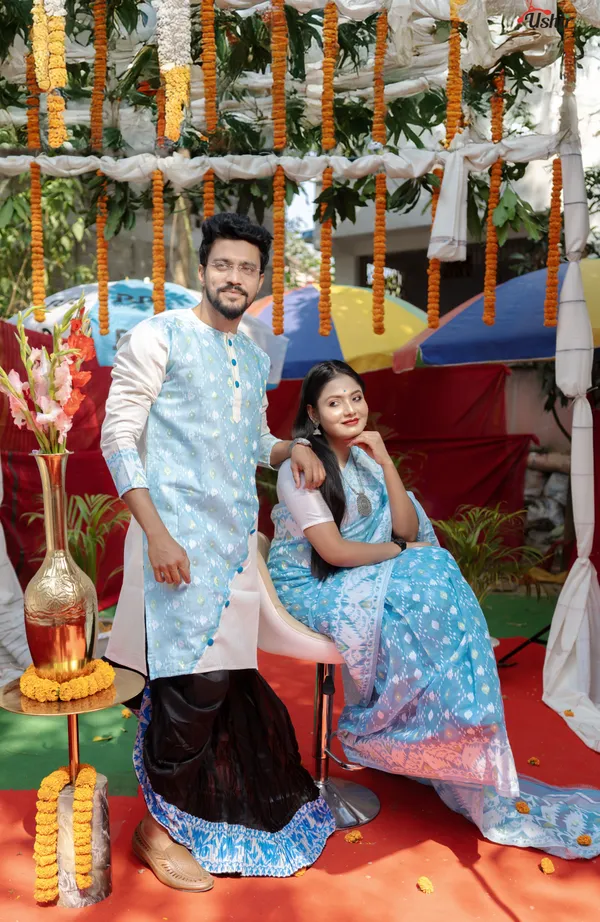 Sky_Blue_Saree_And_Kurta_With_Dhoti_Combo_Set