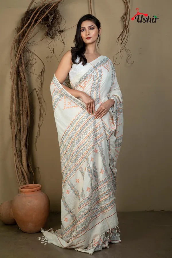 WHITE_Cotton_Kanthastitch_HAND_WORK_Saree