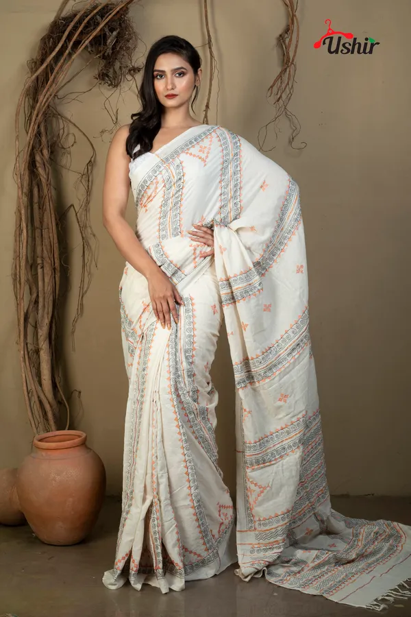 WHITE_Cotton_Kanthastitch_HAND_WORK_Saree
