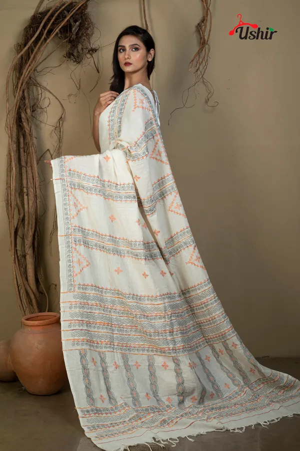 WHITE_Cotton_Kanthastitch_HAND_WORK_Saree
