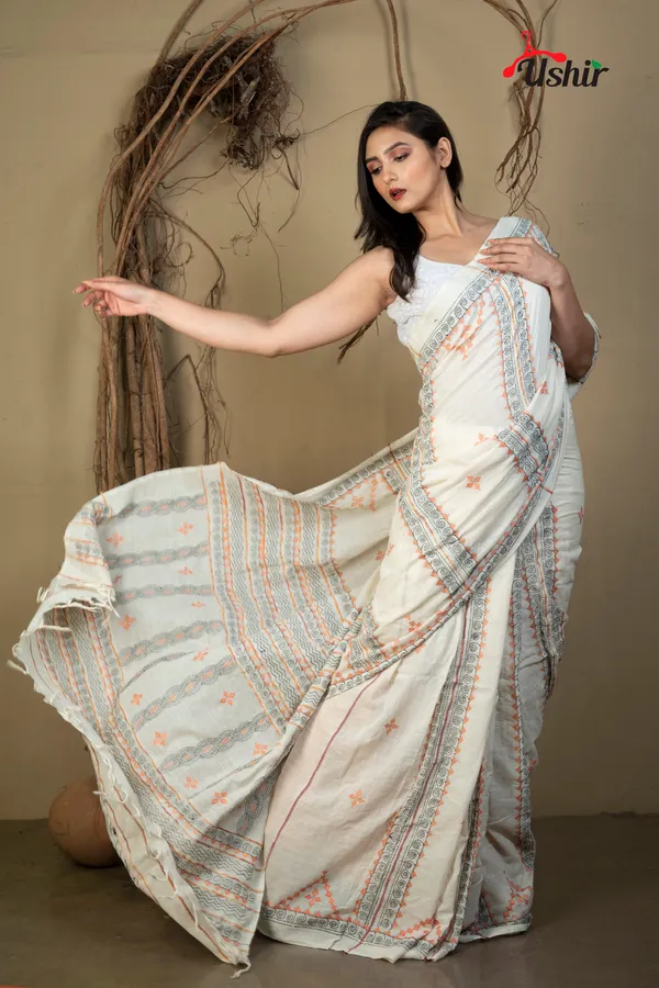 WHITE_Cotton_Kanthastitch_HAND_WORK_Saree
