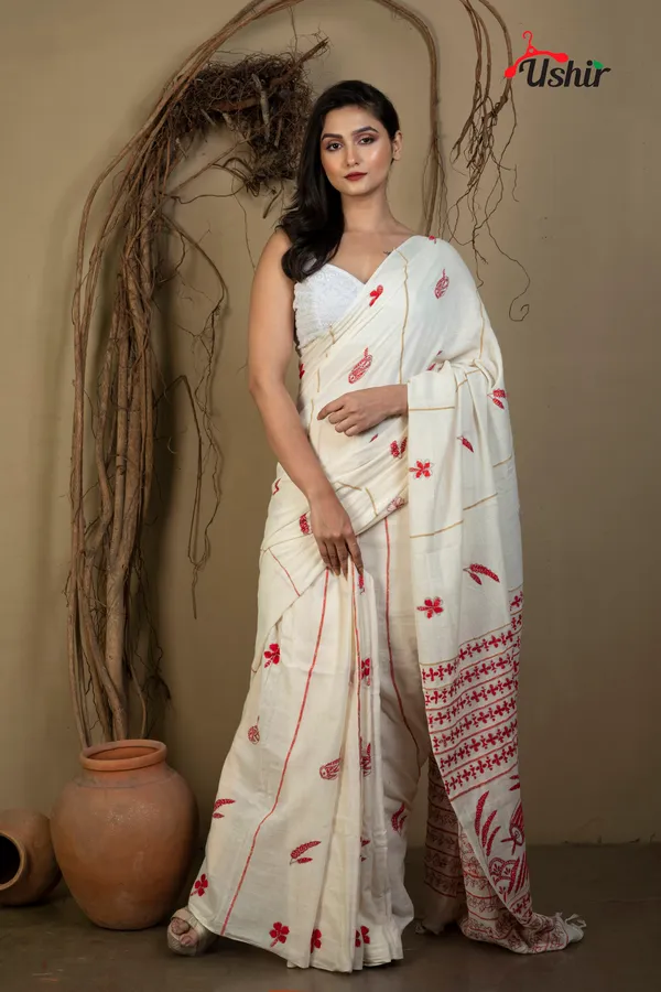WHITE_cotton_kanthastitch_HAND_WORK_saree