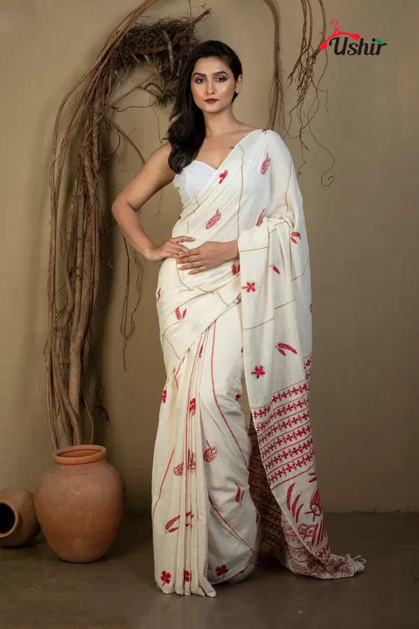 WHITE_cotton_kanthastitch_HAND_WORK_saree