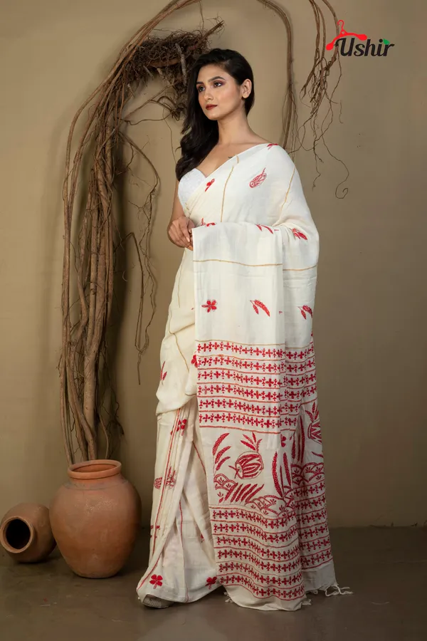 WHITE_cotton_kanthastitch_HAND_WORK_saree
