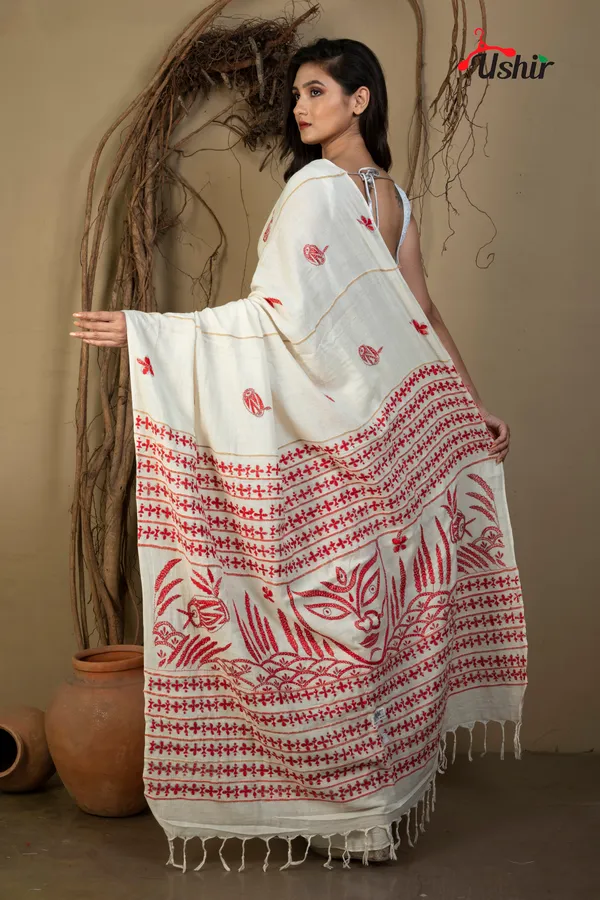 WHITE_cotton_kanthastitch_HAND_WORK_saree