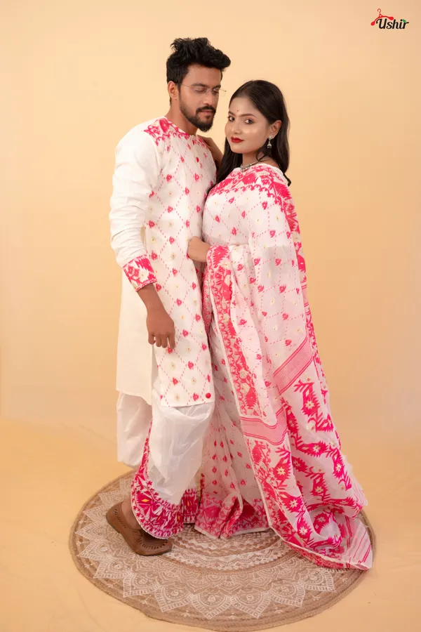 White_&_pink_dhakai_couple_set