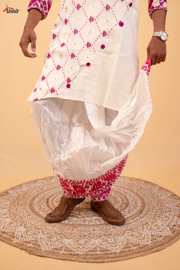 White_&_Purple_Saree_And_Kurta_With_Dhoti_Combo_Set