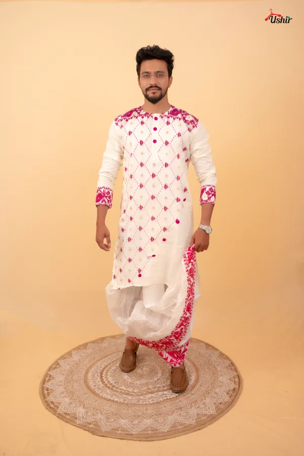 White_&_Purple_Saree_And_Kurta_With_Dhoti_Combo_Set