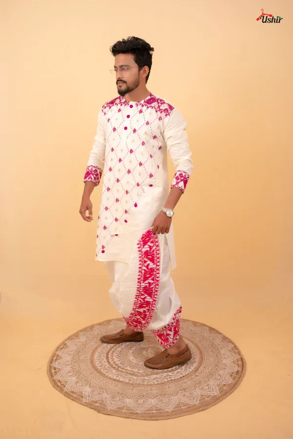 White_&_Purple_Saree_And_Kurta_With_Dhoti_Combo_Set
