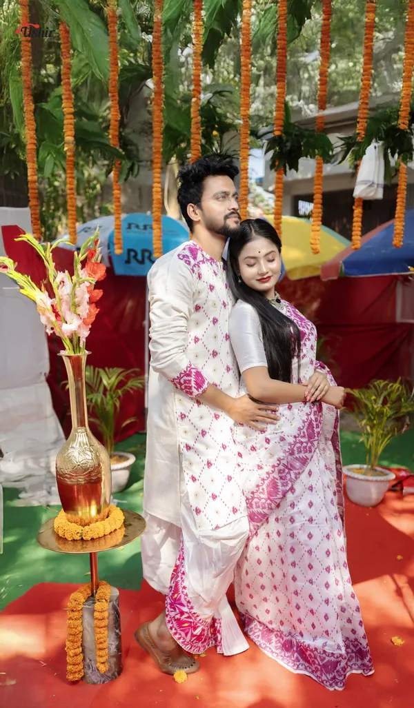 White_&_Purple_Saree_And_Kurta_With_Dhoti_Combo_Set