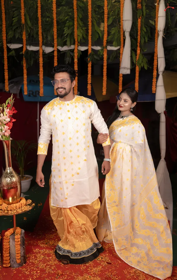 White_&_Yellow_Saree_And_Kurta_With_Dhoti_Combo_Set