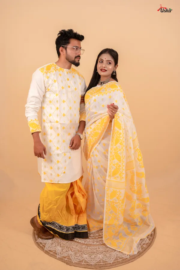 White_&_Yellow_Saree_And_Kurta_With_Dhoti_Combo_Set