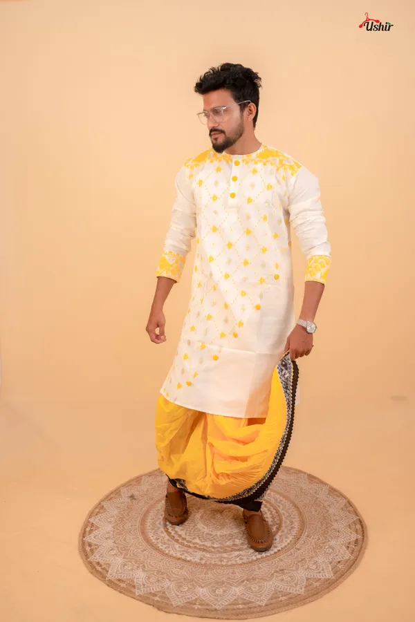 White_&_Yellow_Saree_And_Kurta_With_Dhoti_Combo_Set