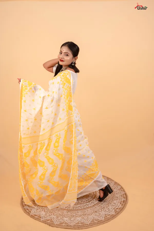 White_&_Yellow_Saree_And_Kurta_With_Dhoti_Combo_Set