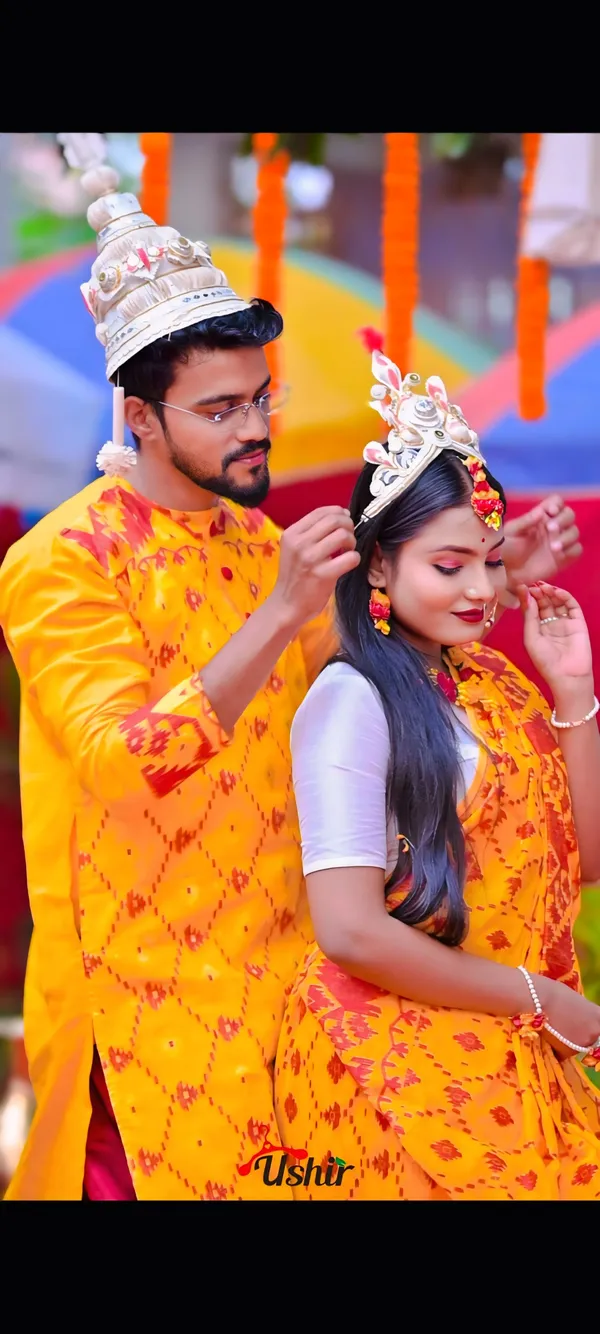 Yellow_Saree_And_Kurta_With_Dhoti_Combo_Set_For_Couples