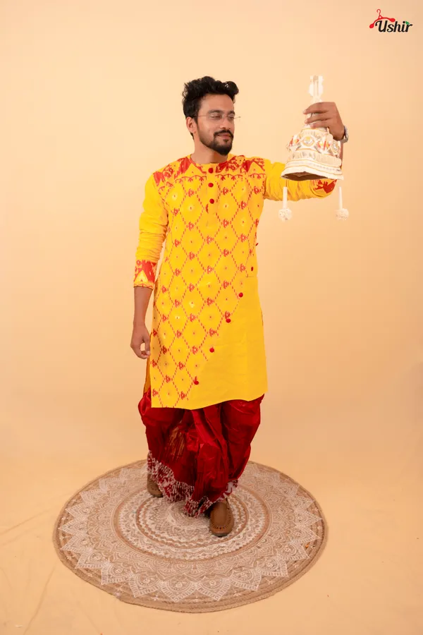 Yellow_Saree_And_Kurta_With_Dhoti_Combo_Set_For_Couples